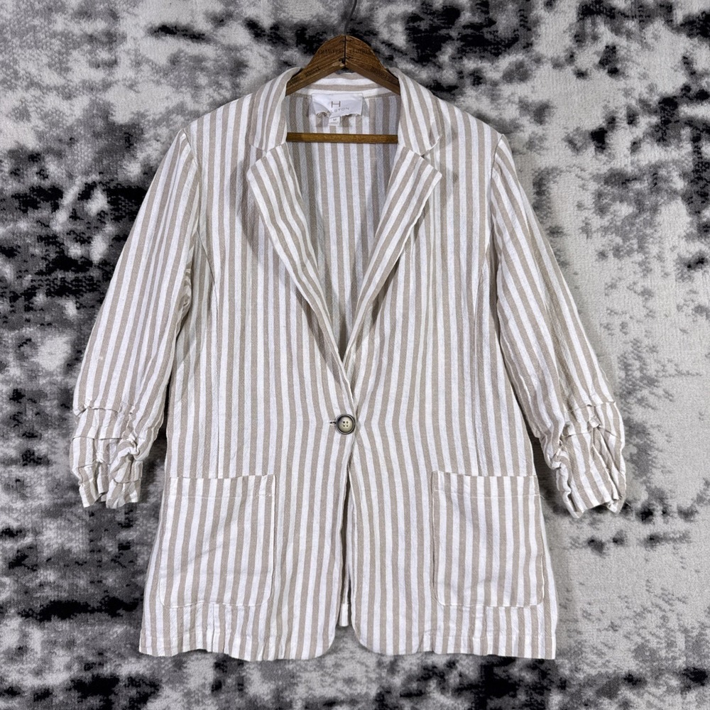 Halston Blazer Womens Size Medium Striped Linen Tiered 3/4 Sleeve Career Office